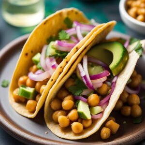 two vegan tacos with lots of chickpeas, sliced avocado, diced onions, chopped cilantro topped with olive oil realistic photo of, award winning photograph, 50mm