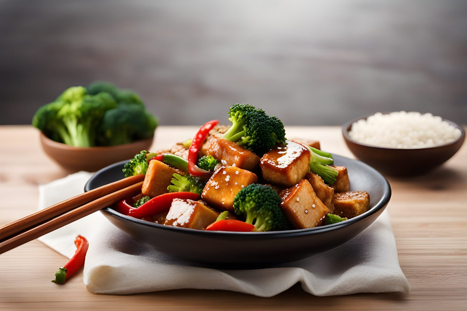 Vegan Spicy Tofu Stir-Fry with firm tofu, cubed, soy sauce, chili garlic sauce, bell pepper, sliced, broccoli florets, and sesame seeds realistic photo of, award winning photograph, 50mm